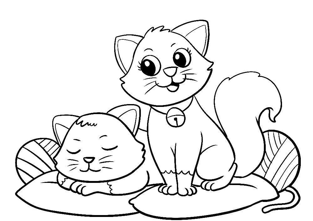 Ausmalbilder Katze - Zwei Katzenfreunde auf einem runden Kissen - Die eine Katze ist am Schlafen