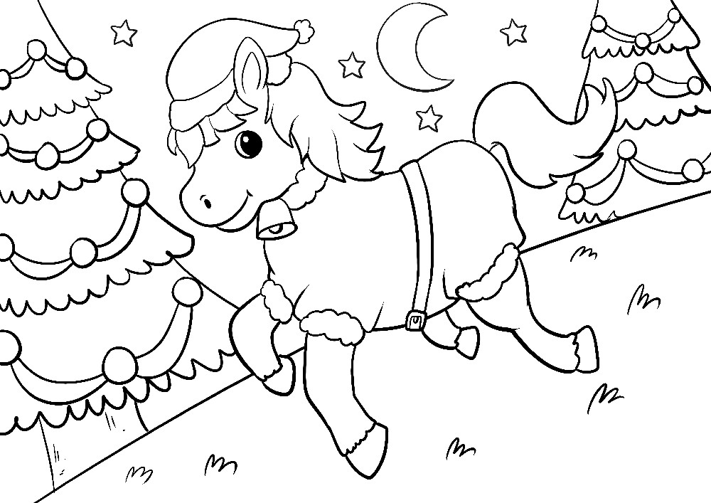 Ausmalbilder Weihnachten - Pony im Weihnachtskostüm auf einer Wiese umringt von geschmückten Tannen